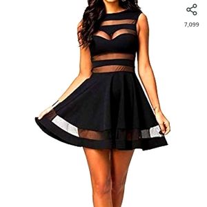 Sexy Mini Skater Dress Mesh Cut Out Sheer Party Club Black Evening Dress Small